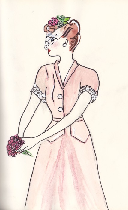 Pink 1940s summer dress and flower net hat, Carolyn Everitt, fashion illustration